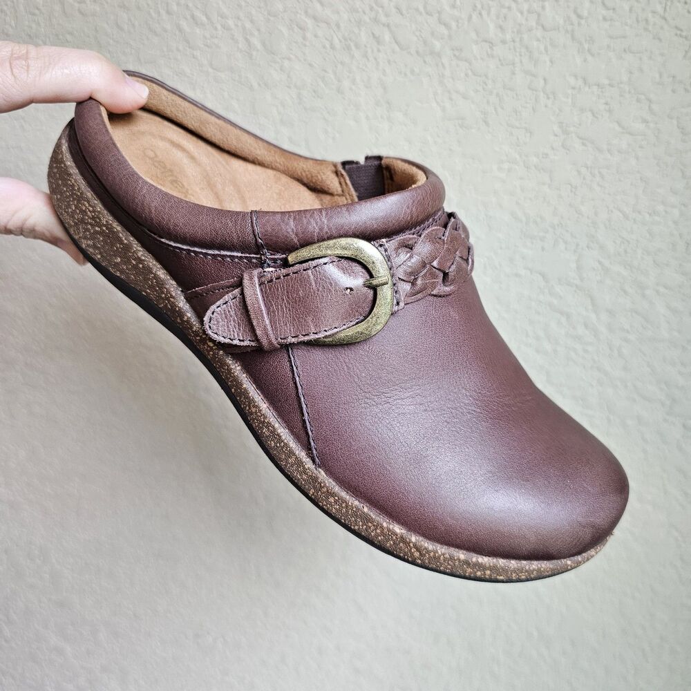 Aetrex Libby Braided Detail Leather Mule Clogs Brown Slip On Women Shoes Size 7